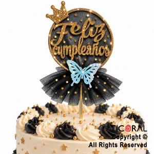 CAKE TOPPER FELIZ CUMPLEA�OS CIRCULO ORO CON TUL NEGRO